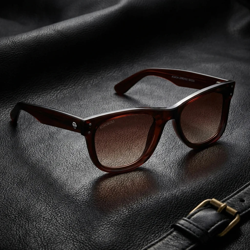 Lentes sol Acacia Reverse polarizados UV400 madera zebrano Brown sobre cuero negro detalle brass premium Bonoboss #editorial_polarizado #color_brown