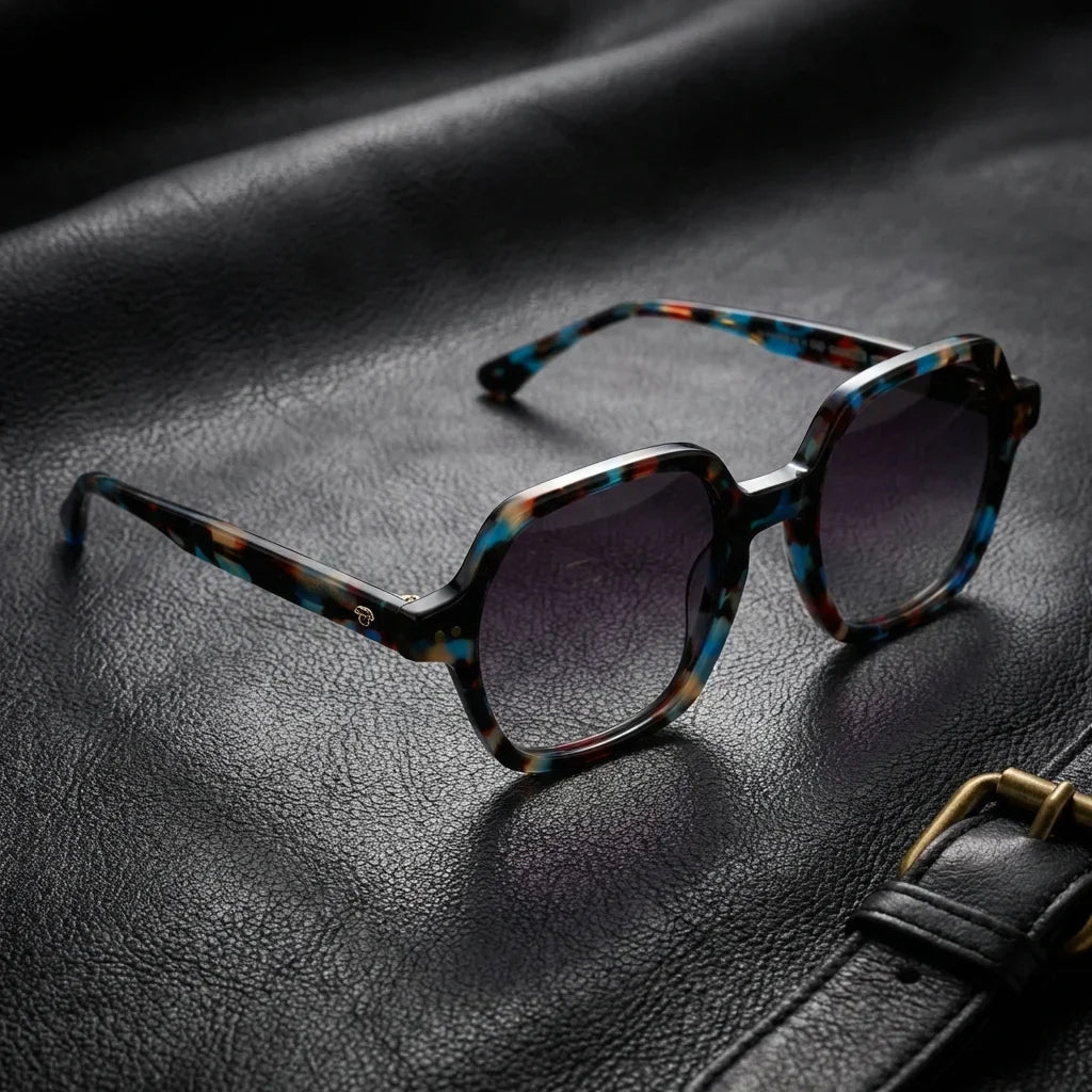 Lentes sol Canarias polarizados UV400 bio-acetato Azul sobre cuero negro detalle brass premium Bonoboss #editorial_polarizado #color_azul