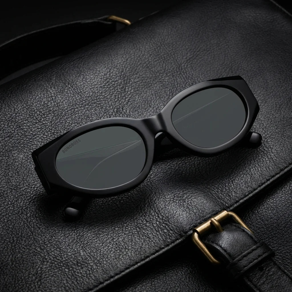 Lentes sol Milán polarizados UV400 sobre cuero negro detalle brass premium Bonoboss #editorial_polarizado #color_negro
