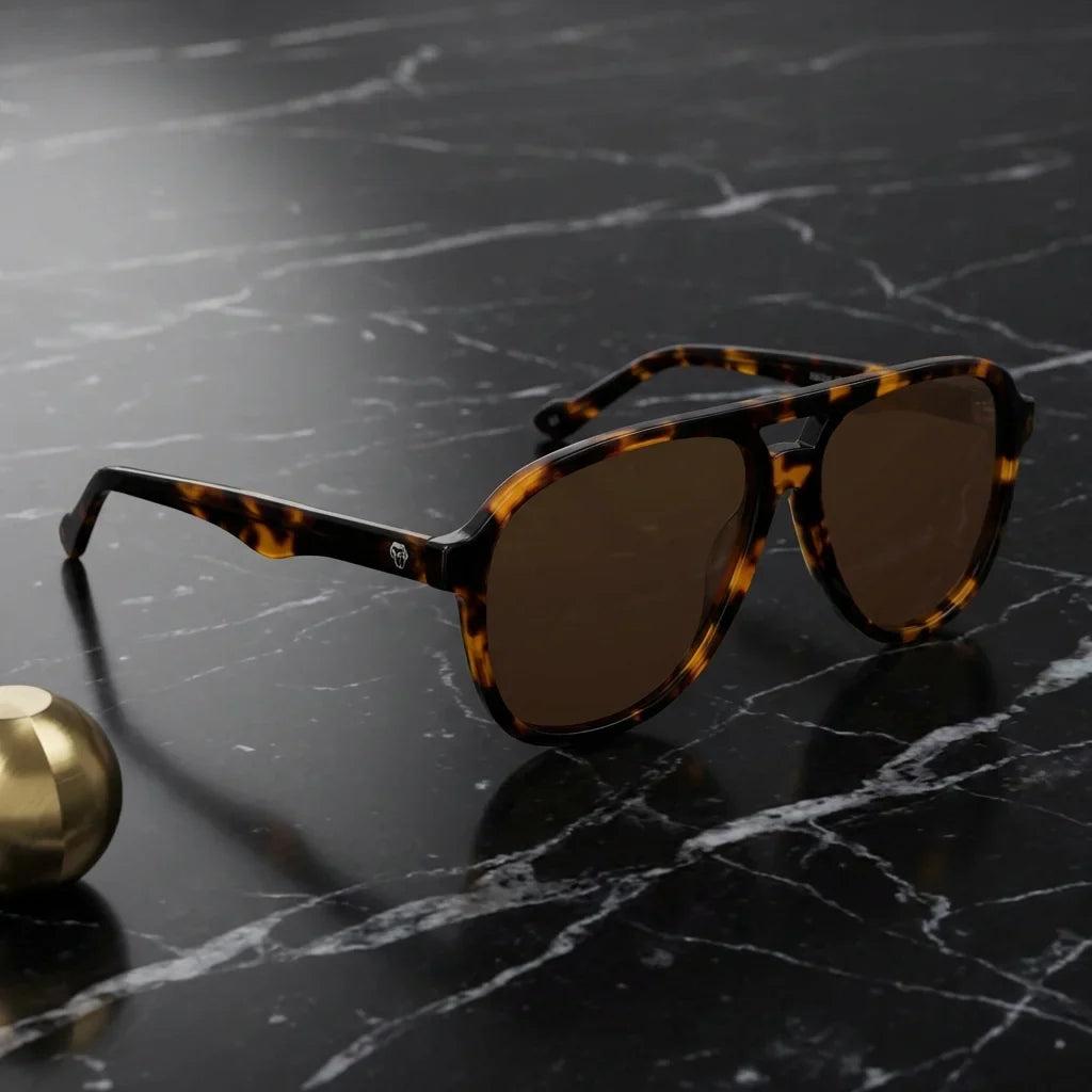 Lentes sol Orson polarizados UV400 bio-acetato carey sobre marmol negro superficie elegante premium Bonoboss #editorial_polarizado #color_carey