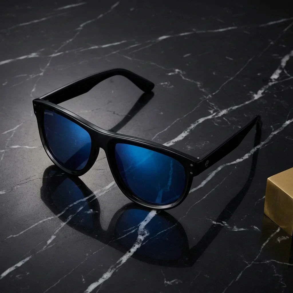 Lentes sol GirlFriend Reverse polarizados UV400 bio-acetato espejado azul sobre marmol negro superficie premium elegante Bonoboss #editorial_polarizado #color_espejado-azul
