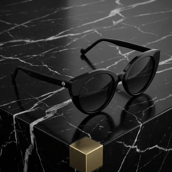 Lentes sol Hannover polarizados UV400 bio-acetato negro sobre marmol negro superficie premium elegante Bonoboss #editorial_polarizado #color_negro