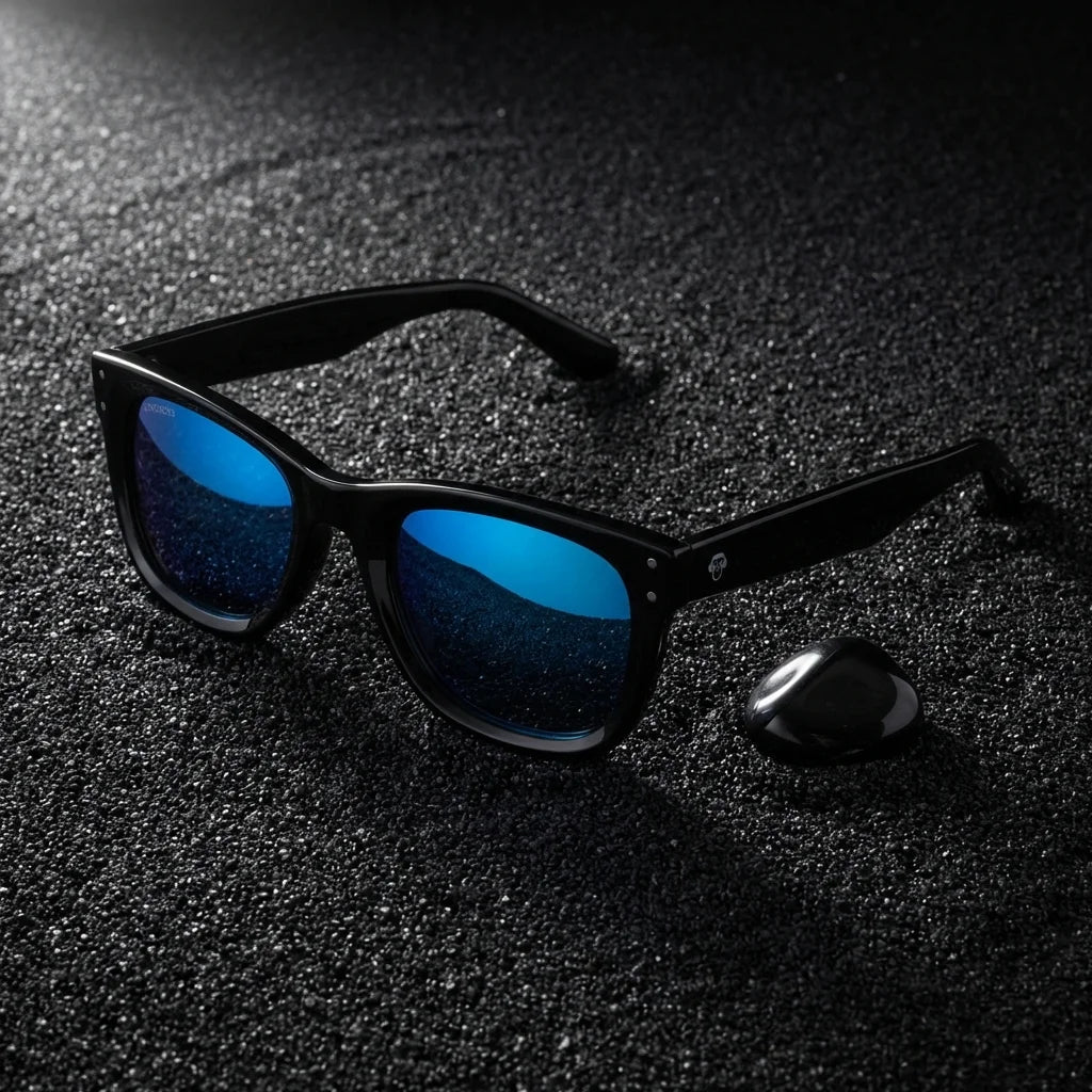 Lentes sol Acacia Reverse polarizados UV400 madera zebrano Espejado Azul sobre arena negra volcanica Bonoboss #editorial_sustentabilidad #color_espejado-azul