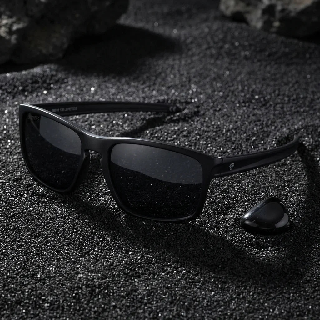 Lentes sol Lautaro RPET polarizados UV400 sobre arena negra volcanica Bonoboss #color_negro