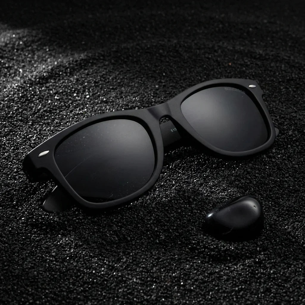 Lentes sol Acacio RPET polarizados UV400 sobre arena negra volcanica Bonoboss #color_negro