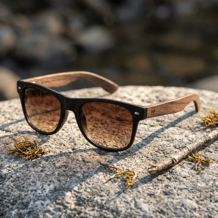 Lentes sol Acacia Nogal polarizados UV400 paisaje patagonico naturaleza sustentable Bonoboss #color_gradiente-cafe