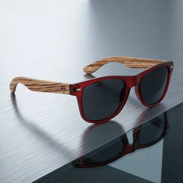 Lentes sol Acacia polarizados UV400 madera zebrano Wine Smoke sobre metal cepillado superficie industrial Bonoboss #editorial_grid1 #color_wine-smoke