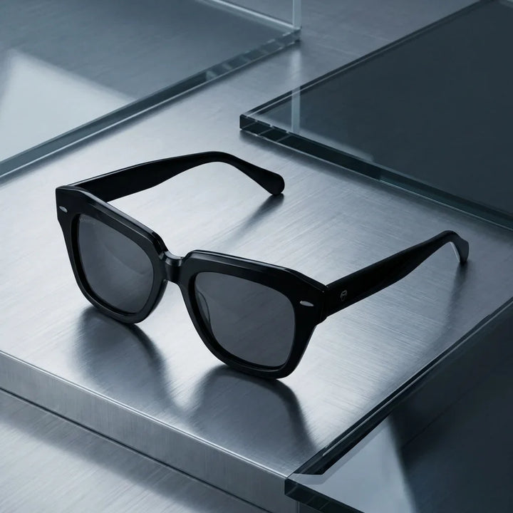 Lentes sol Selkie Vintage polarizados UV400 sobre metal cepillado superficie industrial Bonoboss #color_negro