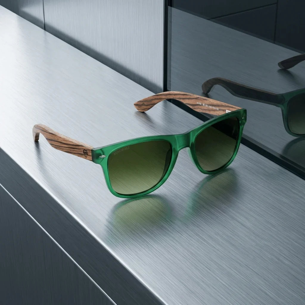 Lentes sol Acacia polarizados UV400 madera zebrano Forest Gradiente Olive sobre metal cepillado superficie industrial Bonoboss #editorial_grid1 #color_forest-gradiente-olive