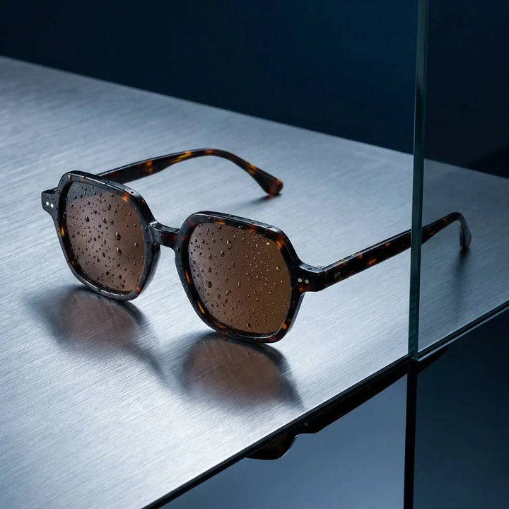 Lentes sol Canarias polarizados UV400 bio-acetato Carey sobre metal cepillado superficie industrial Bonoboss #editorial_grid1 #color_carey