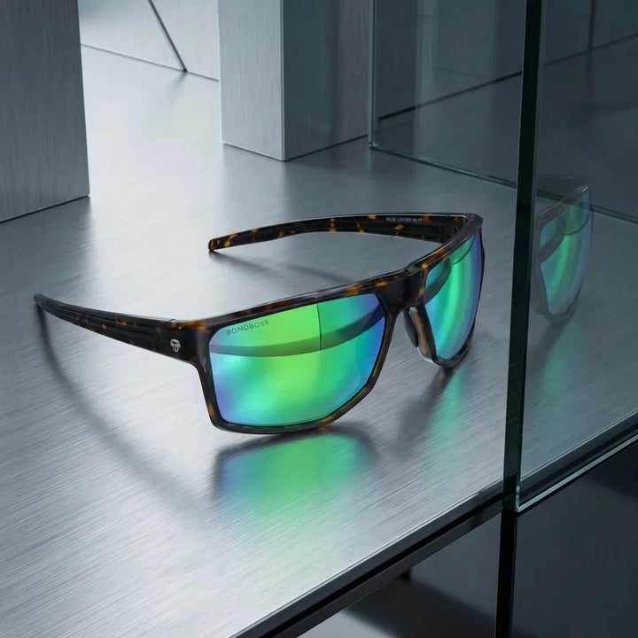 Lentes sol Ollie polarizados UV400 bio-acetato espejado verde sobre metal brushed reflejo lente premium Bonoboss #editorial_polarizado #color_espejado-verde
