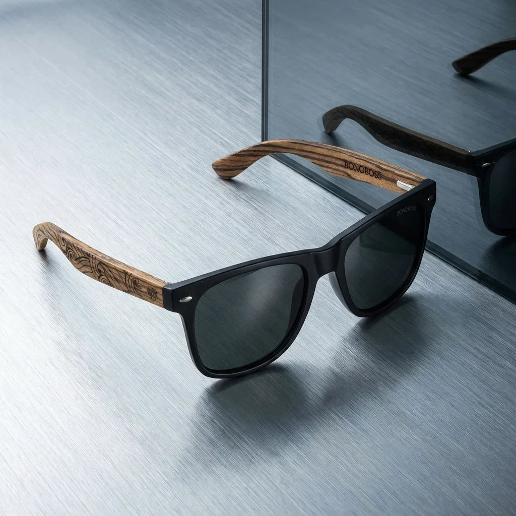 Lentes sol Acacia Designers polarizados UV400 waves sobre superficie metal brushed industrial Bonoboss #editorial_grid1 #color_waves