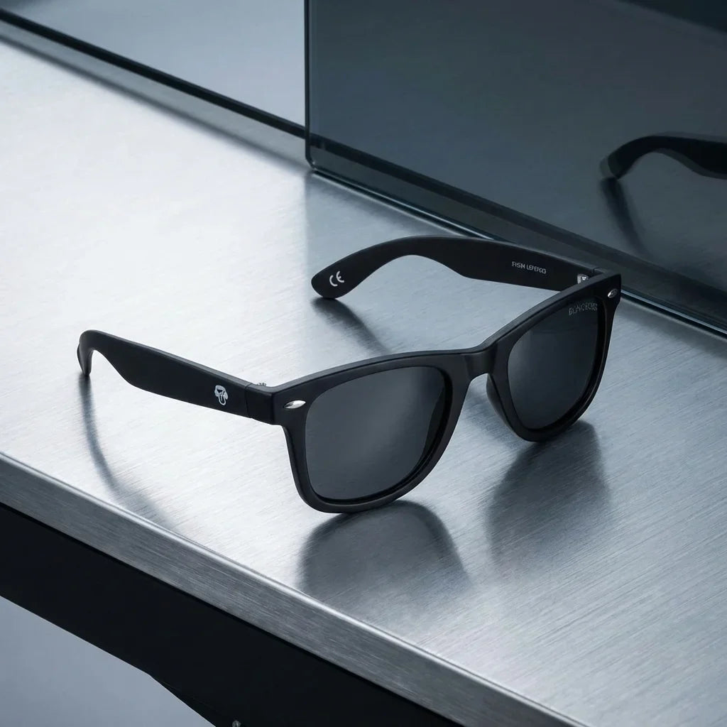 Lentes sol Acacio rPET polarizados UV400 RPET reciclado negro sobre superficie metal brushed industrial Bonoboss #editorial_grid1 #color_negro