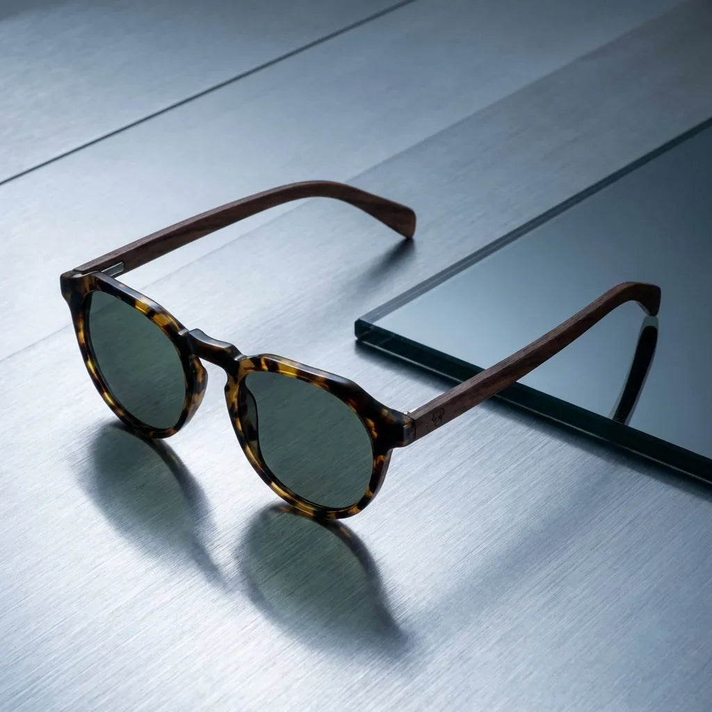 Lentes sol Galapagos polarizados UV400 acetato madera carey sobre superficie metal brushed industrial Bonoboss #editorial_grid1 #color_carey