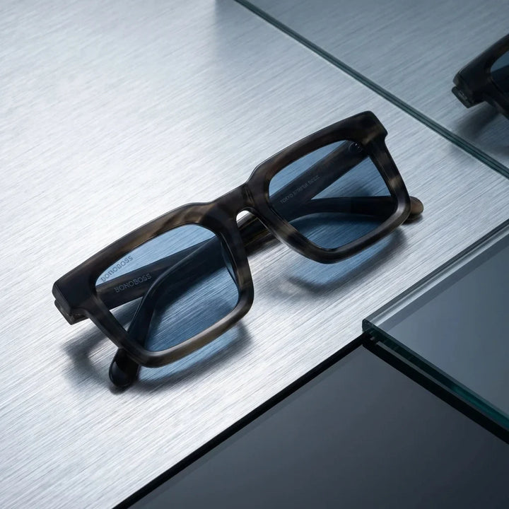 Lentes sol Tokyo polarizados UV400 bio-acetato Stained sobre metal cepillado superficie industrial Bonoboss #editorial_grid1 #color_marble