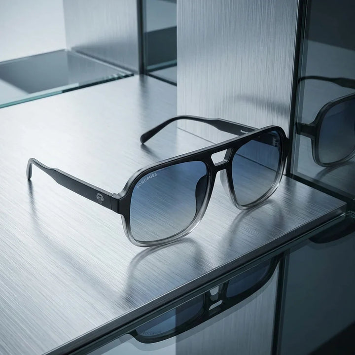 Lentes sol Orson RPET polarizados UV400 reciclado negro sobre metal brushed superficie industrial premium Bonoboss #editorial_grid1 #color_negro