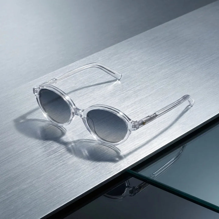 Lentes sol Guapi Island polarizados UV400 bio-acetato transparente sobre metal cepillado industrial premium Bonoboss #editorial_grid1 #color_transparente