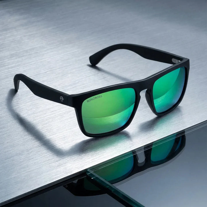 Lentes sol Lautaro Dark polarizados UV400 acetato espejado verde sobre superficie metal brushed industrial Bonoboss #editorial_grid1 #color_espejado-verde