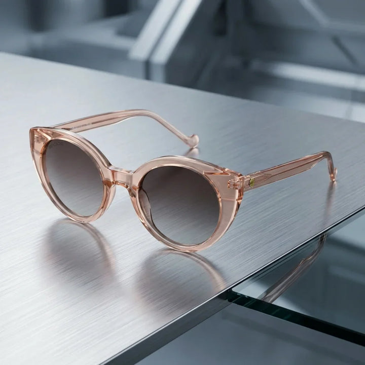 Lentes sol Hannover polarizados UV400 bio-acetato champagne sobre metal brushed superficie industrial premium Bonoboss #editorial_polarizado #color_champagne