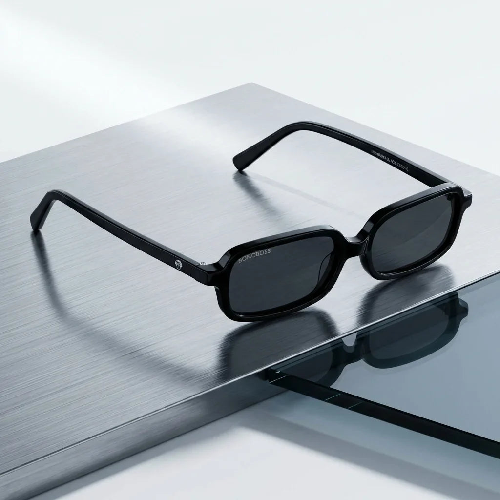 Lentes sol Navarino polarizados UV400 sobre metal cepillado superficie industrial Bonoboss #editorial_grid1 #color_negro