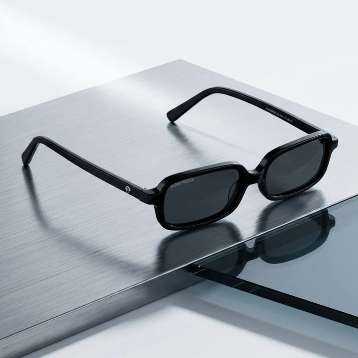 Lentes sol Navarino polarizados UV400 sobre metal cepillado superficie industrial Bonoboss #editorial_grid1 #color_negro