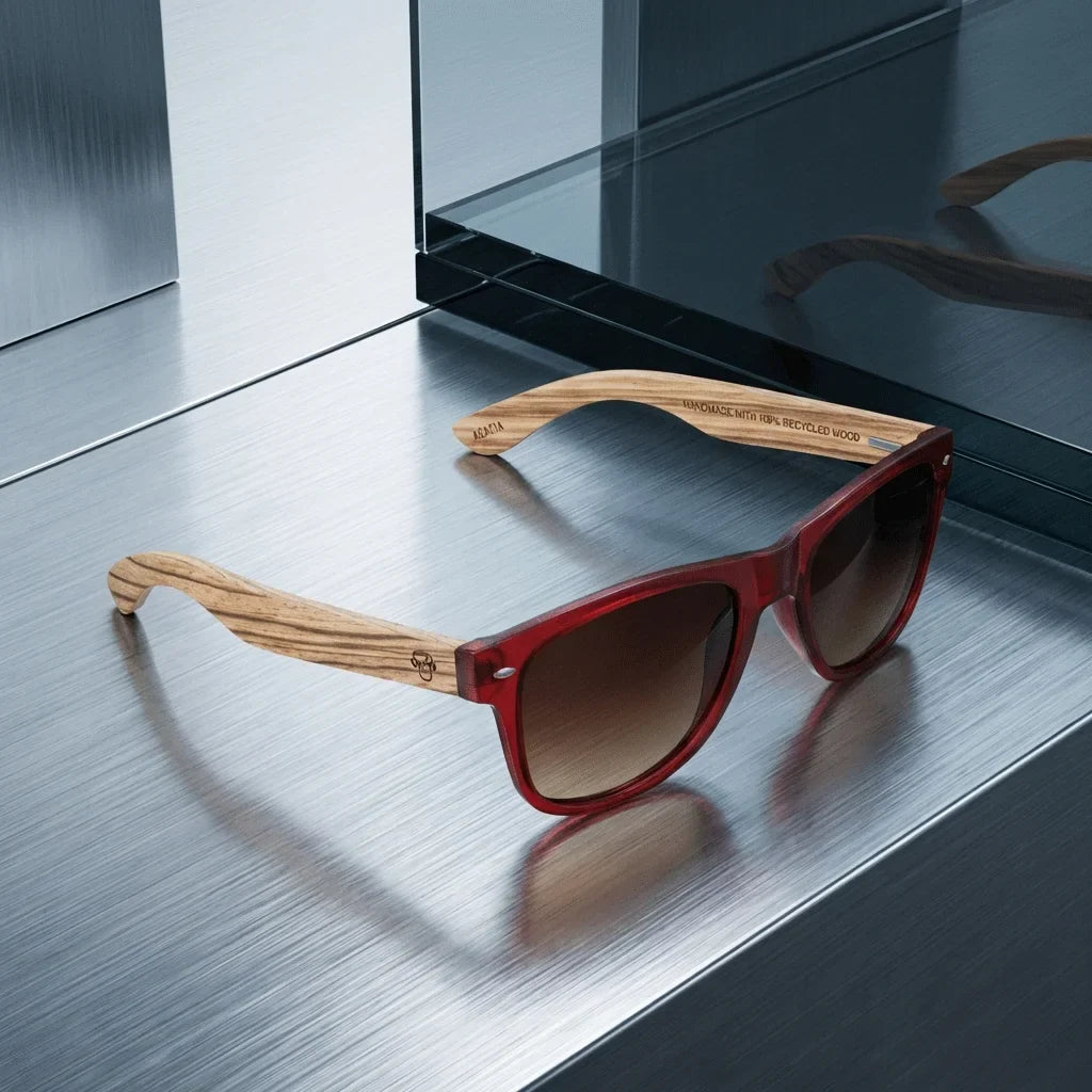 Lentes sol Acacia polarizados UV400 madera zebrano Wine Gradiente Cafe sobre metal cepillado superficie industrial Bonoboss #editorial_grid1 #color_wine-gradiente-cafe