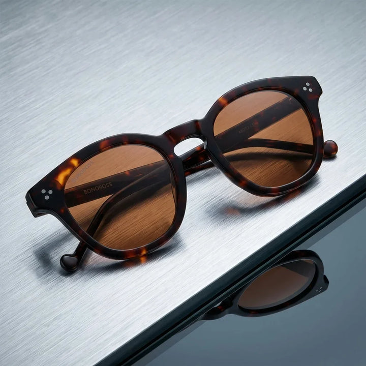 Lentes sol Lenga polarizados UV400 bio-acetato Carey sobre metal cepillado superficie industrial Bonoboss #editorial_grid1 #color_carey