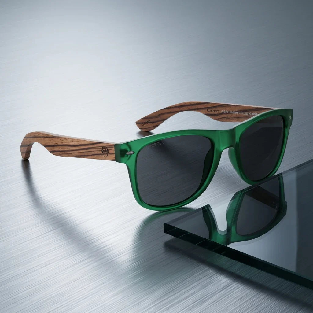 Lentes sol Acacia polarizados UV400 madera zebrano Forest Smoke sobre metal cepillado superficie industrial Bonoboss #editorial_grid1 #color_forest-smoke