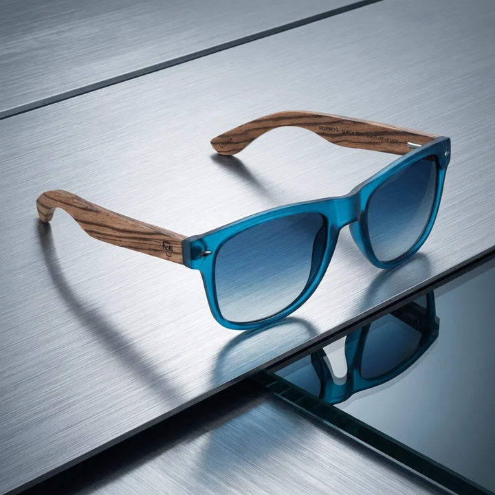 Lentes sol Acacia polarizados UV400 madera zebrano Ocean Gradiente Azul sobre metal cepillado superficie industrial Bonoboss #editorial_grid1 #color_ocean-gradiente-azul