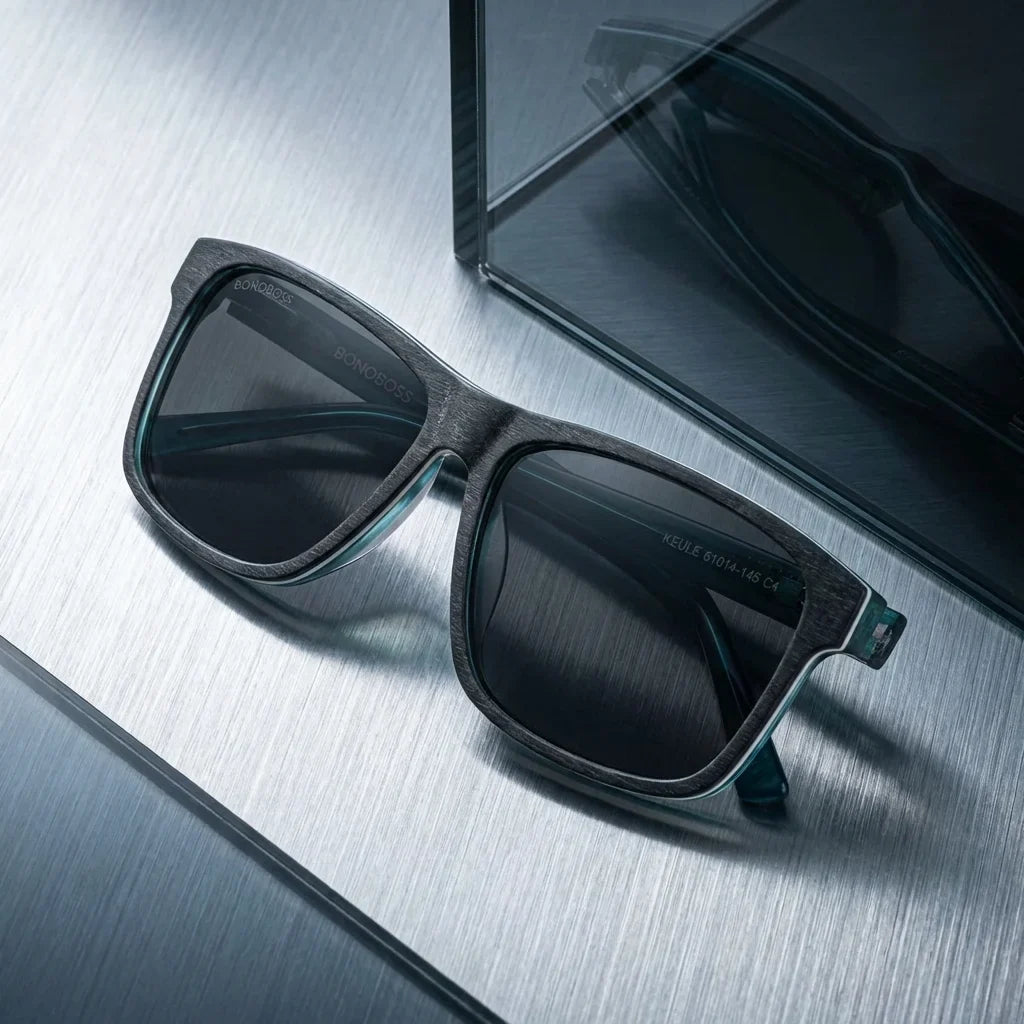 Lentes sol Keule XL polarizados UV400 madera darkblue sobre metal cepillado superficie industrial premium Bonoboss #editorial_detail2 #color_darkblue
