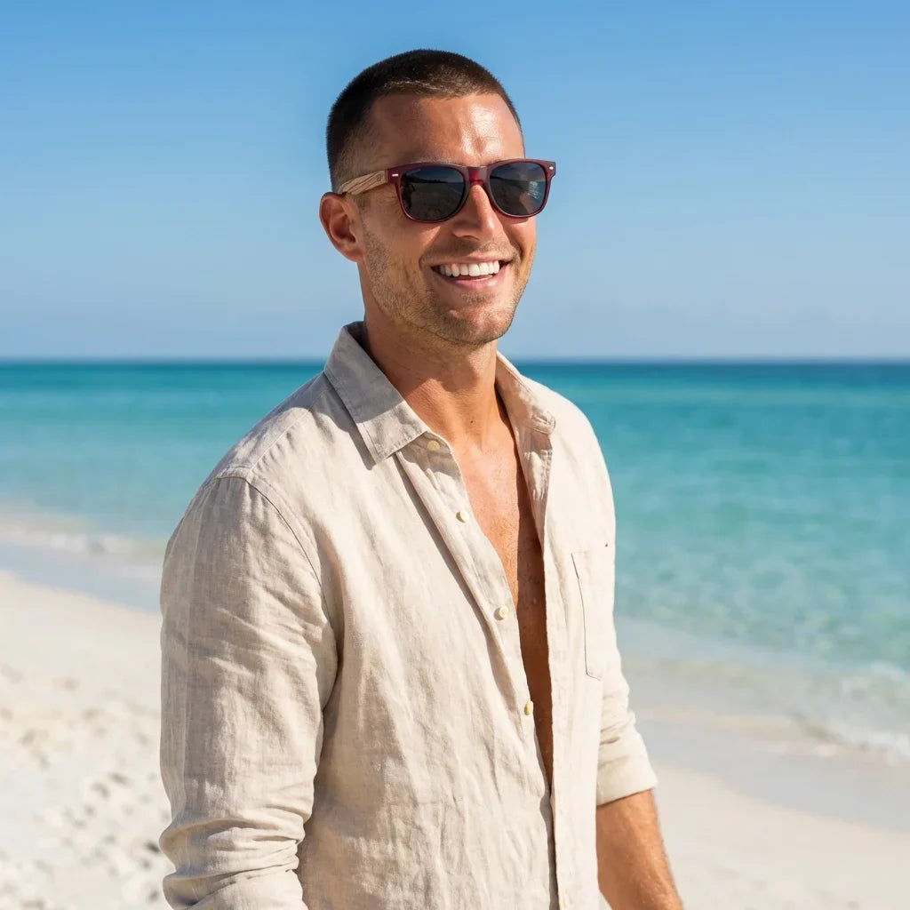 Hombre usando lentes sol Acacia madera zebrano polarizados Wine Smoke hombre en playa proteccion solar UV400 Bonoboss #editorial_detail1 #color_wine-smoke