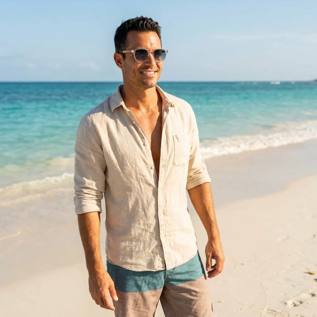 Hombre usando lentes sol Galapagos madera nogal polarizados Transparente hombre en playa proteccion solar UV400 Bonoboss #editorial_detail1 #color_transparente