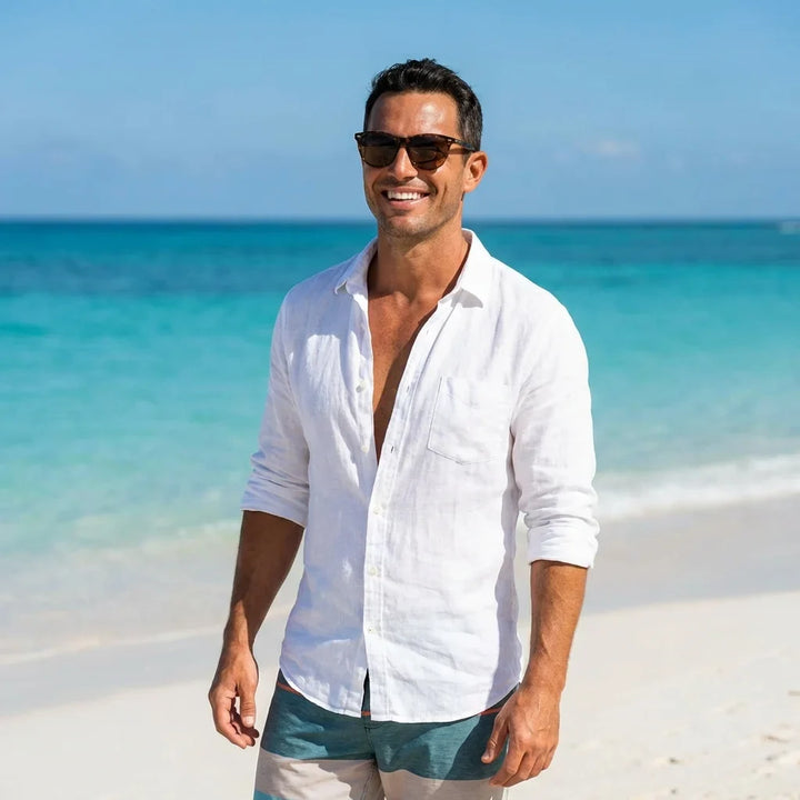 Hombre usando lentes sol Hanga Roa bio-acetato polarizados carey playa costa proteccion solar UV400 Bonoboss #editorial_detail2 #color_carey