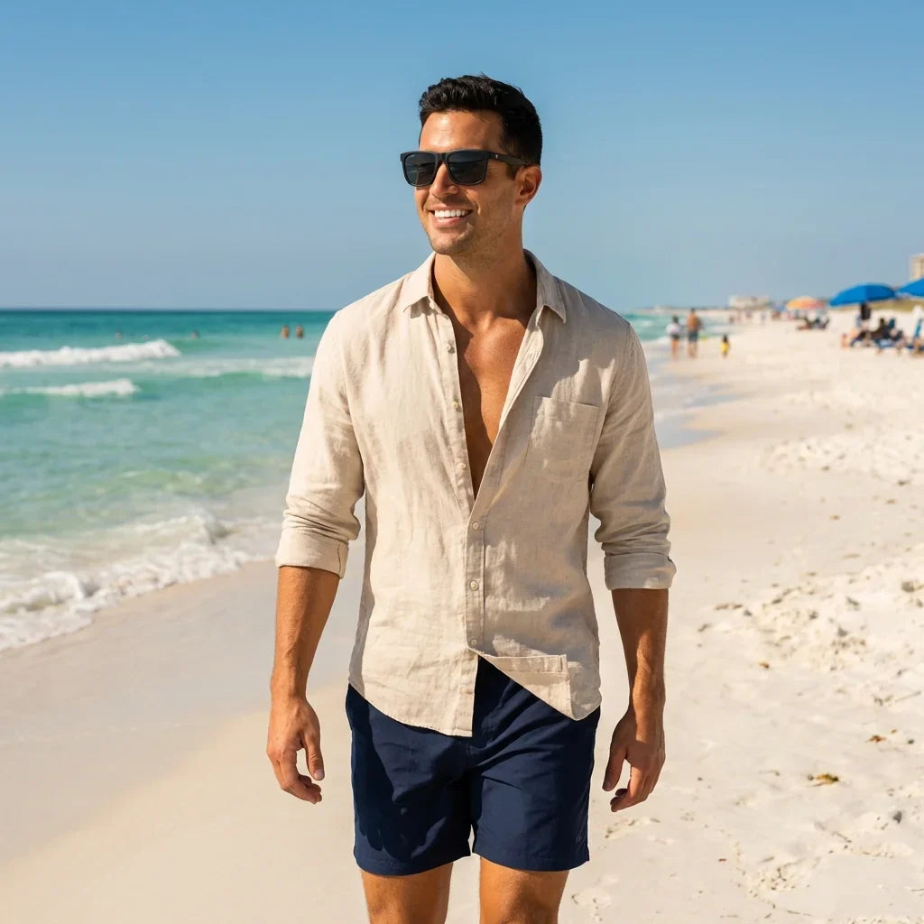 Hombre usando lentes sol Rapanui RPET polarizados UV400 hombre en playa proteccion solar UV400 Bonoboss #color_dark