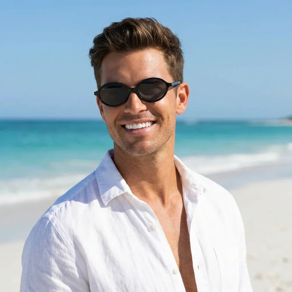 Hombre usando lentes sol Guapi Island polarizados UV400 hombre en playa proteccion solar UV400 Bonoboss #color_negro