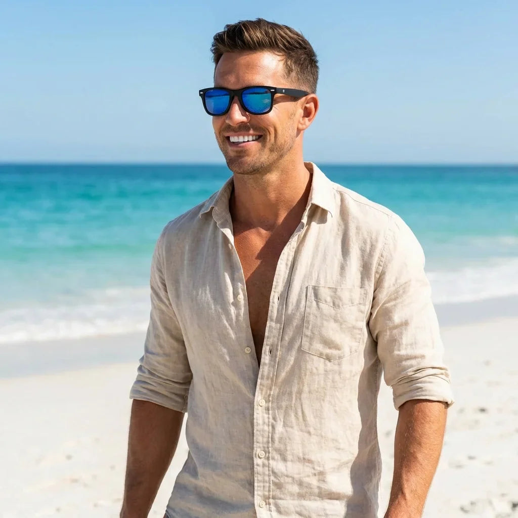Hombre usando lentes sol Acacio RPET polarizados UV400 hombre en playa proteccion solar UV400 Bonoboss #color_sky