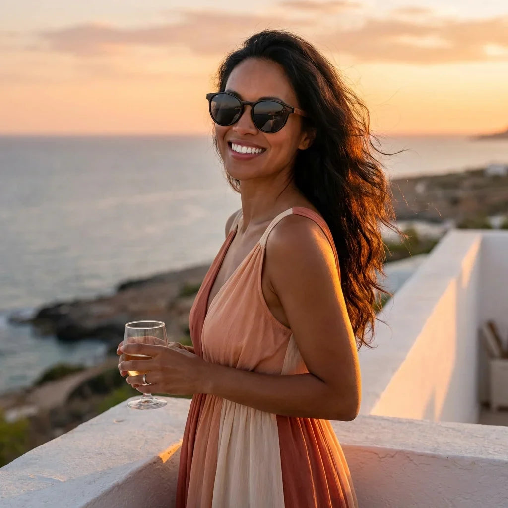 Mujer usando lentes sol Chiloe 220 Black polarizados black playa arena proteccion solar UV400 Bonoboss #editorial_banner #color_black