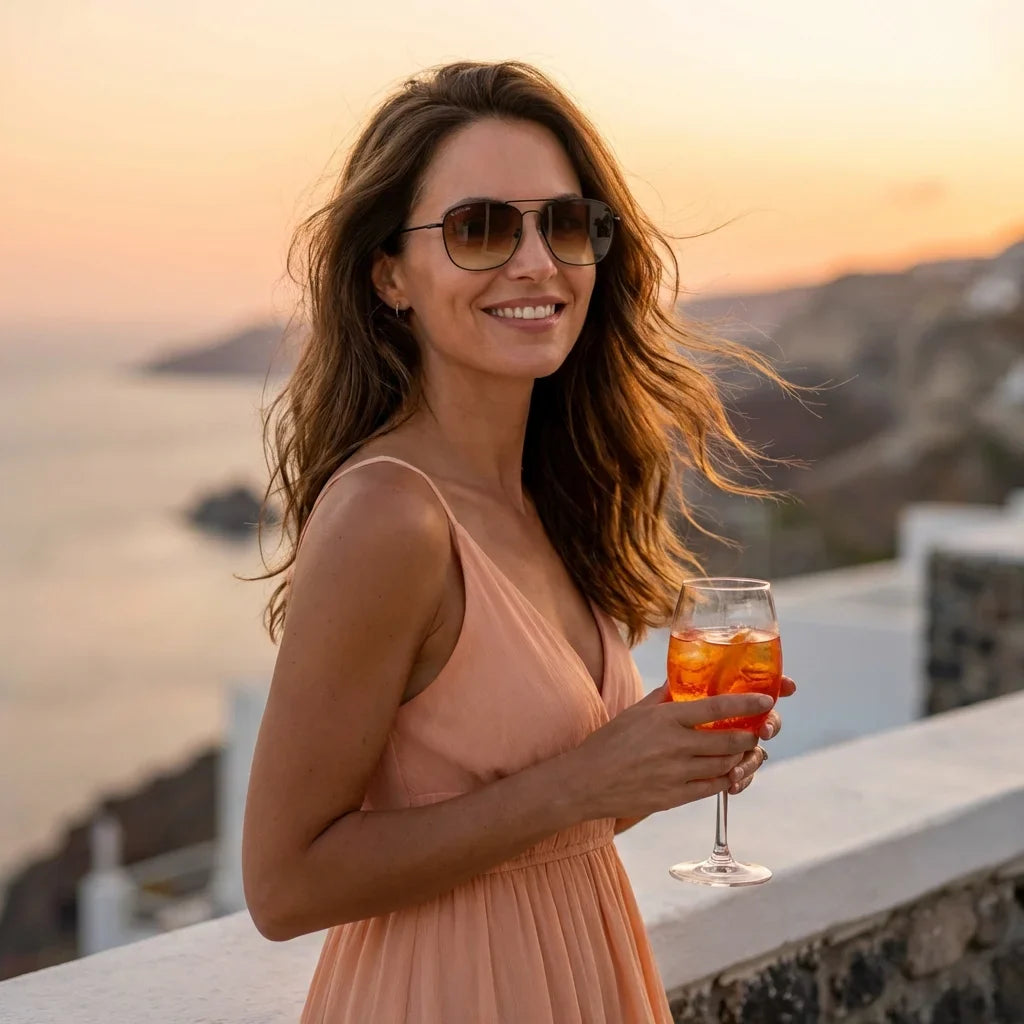 Mujer usando lentes sol Commander Reverse polarizados UV400 mujer en playa arena oceano UV400 Bonoboss #color_gun