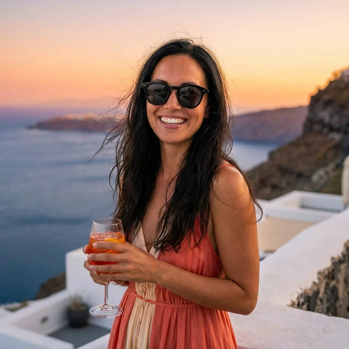 Mujer usando lentes sol Lenga bio-acetato polarizados Negro mujer en playa arena oceano UV400 Bonoboss #editorial_sustentabilidad #color_negro