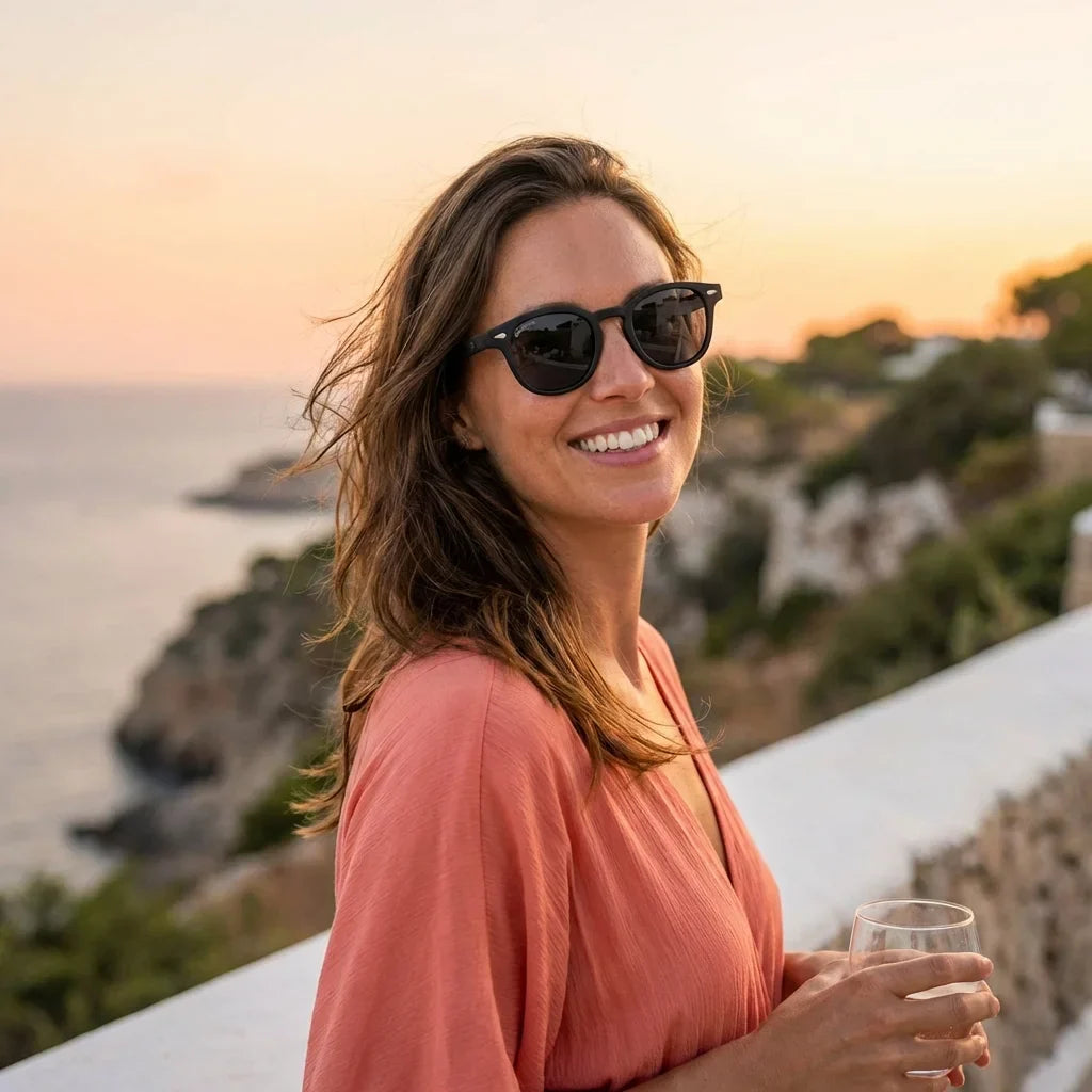 Mujer usando lentes sol Waimea RPET polarizados UV400 mujer en playa arena oceano UV400 Bonoboss #color_negro