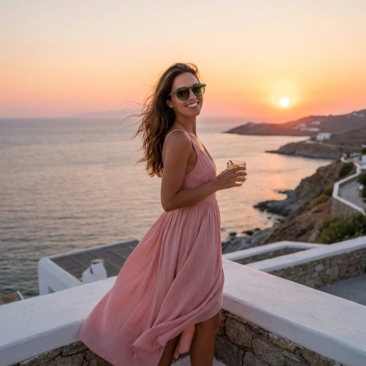 Mujer usando lentes sol Galapagos acetato madera polarizados forest playa arena proteccion solar UV400 Bonoboss #editorial_sustentabilidad #color_forest