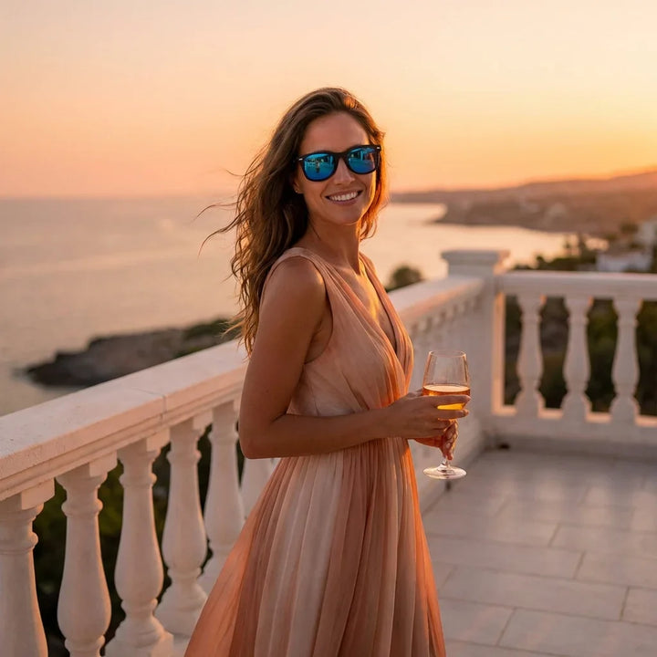 Mujer usando lentes sol Acacio rPET RPET reciclado polarizados sky playa arena proteccion solar UV400 Bonoboss #editorial_banner #color_sky