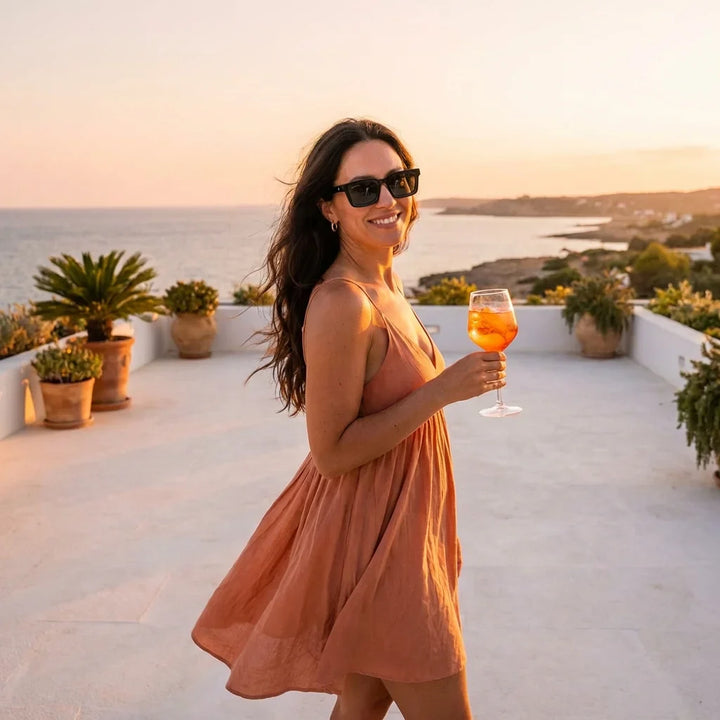 Mujer usando lentes sol Tokyo bio-acetato polarizados Negro mujer en playa arena oceano UV400 Bonoboss #editorial_sustentabilidad #color_negro