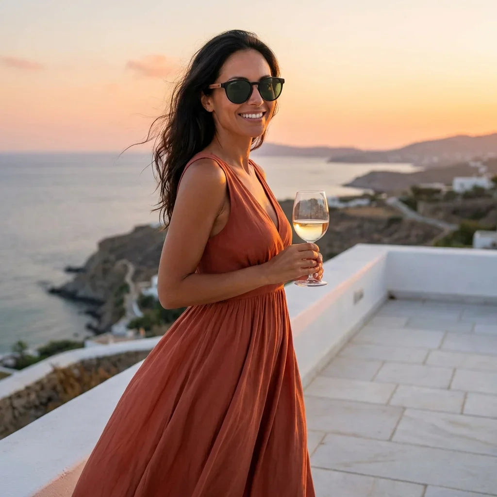 Mujer usando lentes sol Chiloe 220 Black polarizados G15 playa arena proteccion solar UV400 Bonoboss #editorial_banner #color_g15