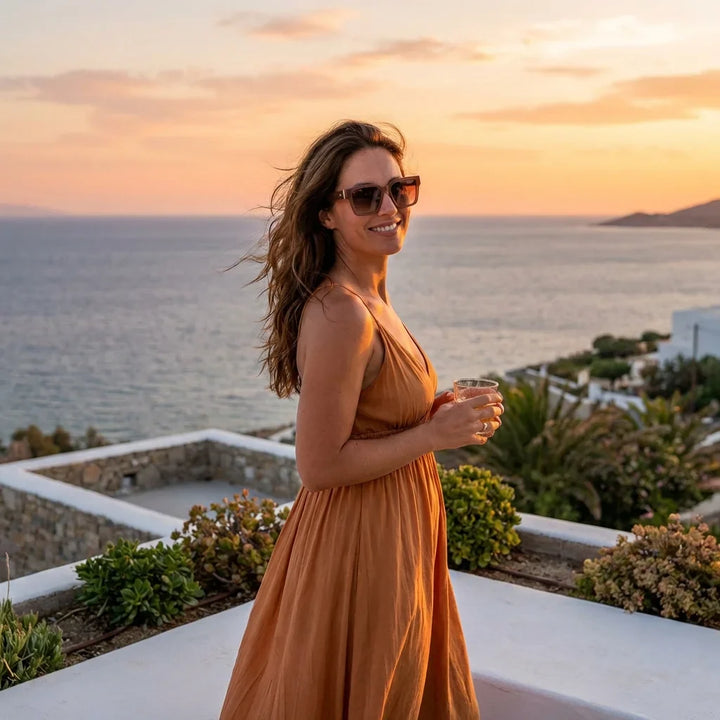 Mujer usando lentes sol Montenegro bio-acetato polarizados brown playa arena oceano proteccion UV estilo costero Bonoboss #editorial_detail1 #color_brown