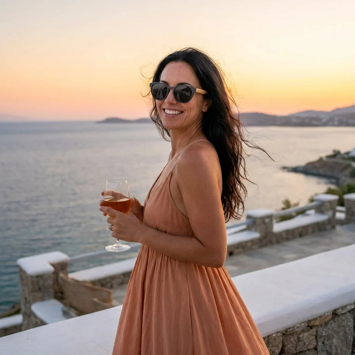 Mujer usando lentes sol Chiloe 110 Wood polarizados gris playa arena proteccion solar UV400 Bonoboss #editorial_banner #color_gris