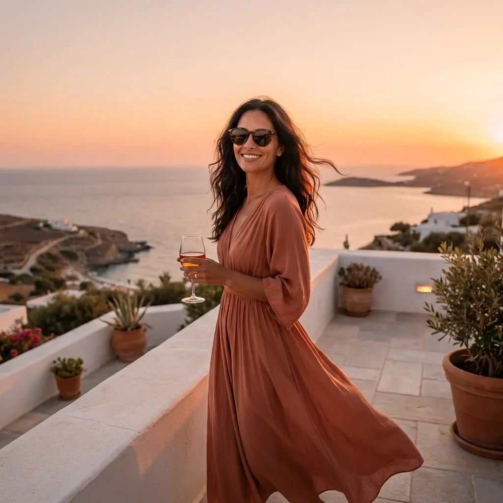 Mujer usando lentes sol Henua bio-acetato polarizados carey playa arena oceano proteccion UV estilo costero Bonoboss #editorial_detail2 #color_carey