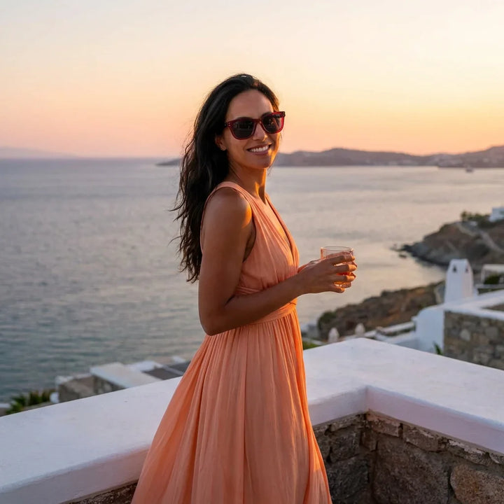 Mujer usando lentes sol Acacia Reverse polarizados UV400 mujer en playa arena oceano UV400 Bonoboss #color_rosado
