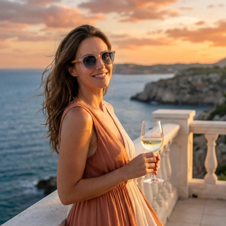Mujer usando lentes sol Galapagos madera nogal polarizados Transparente mujer en playa arena oceano UV400 Bonoboss #editorial_sustentabilidad #color_transparente