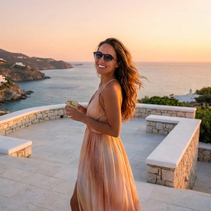 Mujer usando lentes sol Galapagos acetato madera polarizados gradiente black playa arena proteccion solar UV400 Bonoboss #editorial_banner #color_gradiente-black